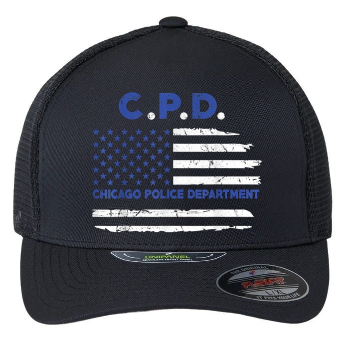 Chicago Police Officer American Flag Thin Blue Line Flexfit Unipanel Trucker Cap