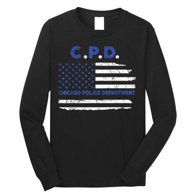 Chicago Police Officer American Flag Thin Blue Line Long Sleeve Shirt