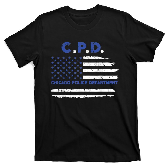 Chicago Police Officer American Flag Thin Blue Line T-Shirt