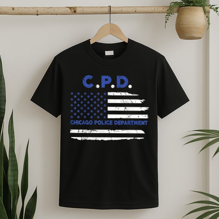 Chicago Police Officer American Flag Thin Blue Line T-Shirt