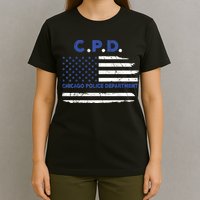 Chicago Police Officer American Flag Thin Blue Line T-Shirt