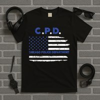 Chicago Police Officer American Flag Thin Blue Line T-Shirt