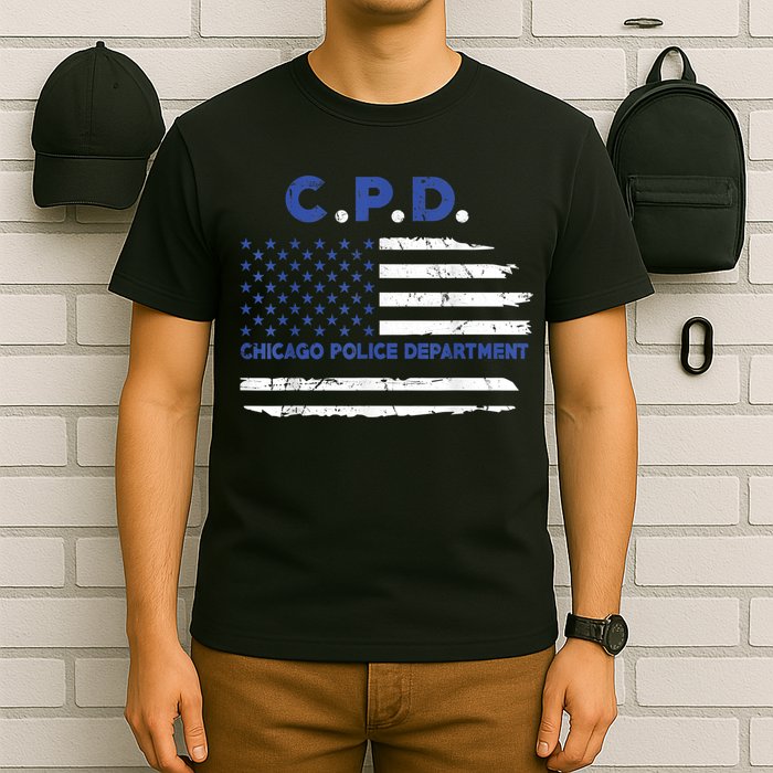Chicago Police Officer American Flag Thin Blue Line T-Shirt