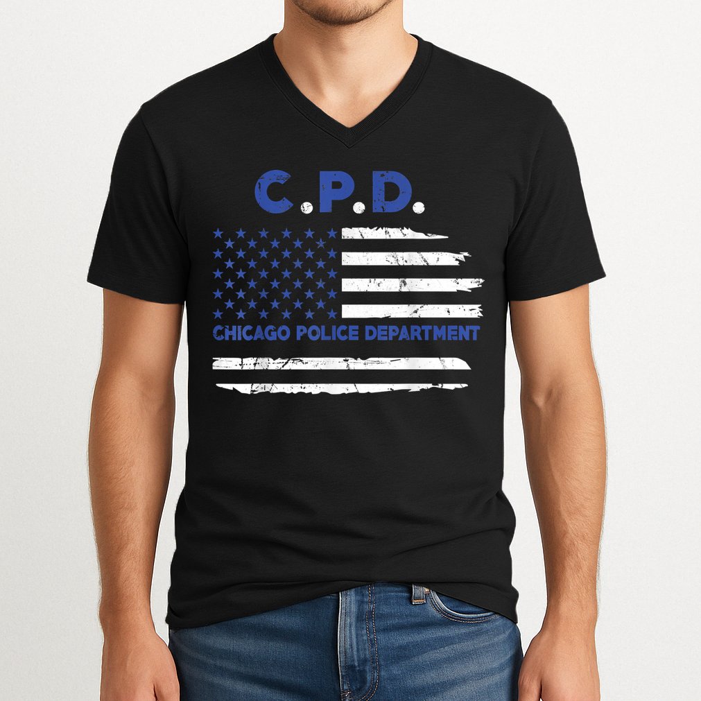 Chicago Police Officer American Flag Thin Blue Line V-Neck T-Shirt