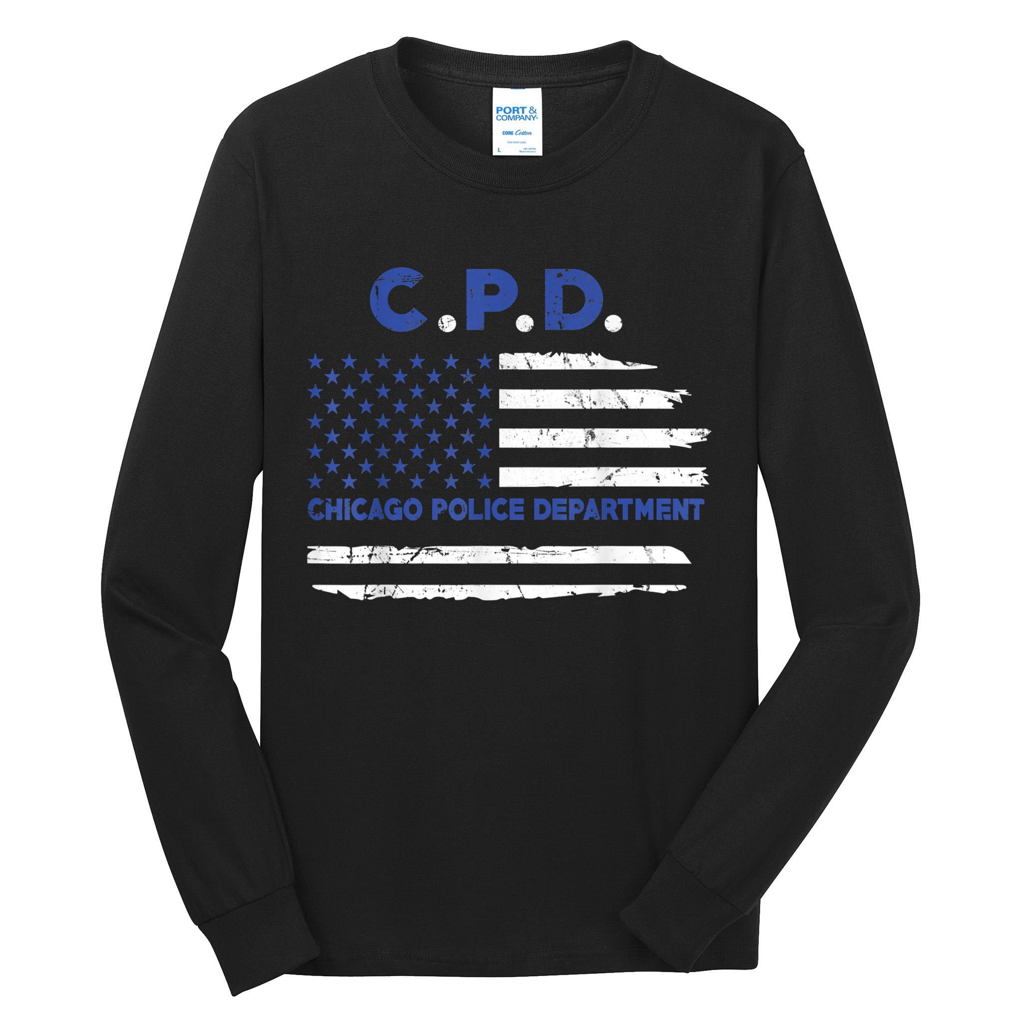 Chicago Police Officer American Flag Thin Blue Line Tall Long Sleeve T-Shirt