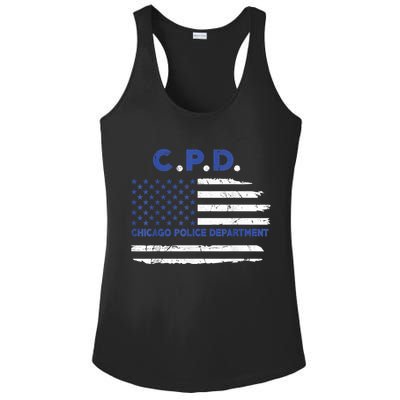 Chicago Police Officer American Flag Thin Blue Line Ladies PosiCharge Competitor Racerback Tank