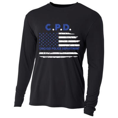 Chicago Police Officer American Flag Thin Blue Line Cooling Performance Long Sleeve Crew