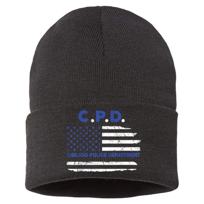 Chicago Police Officer American Flag Thin Blue Line Sustainable Knit Beanie