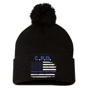 Chicago Police Officer American Flag Thin Blue Line Pom Pom 12in Knit Beanie