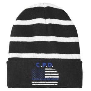 Chicago Police Officer American Flag Thin Blue Line Striped Beanie with Solid Band