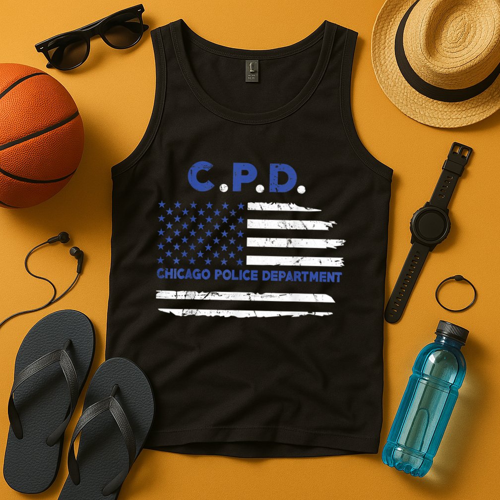 Chicago Police Officer American Flag Thin Blue Line Tank Top