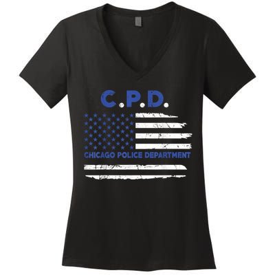 Chicago Police Officer American Flag Thin Blue Line Women's V-Neck T-Shirt