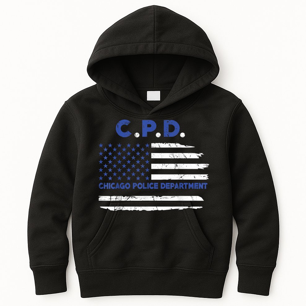 Chicago Police Officer American Flag Thin Blue Line Kids Hoodie