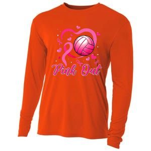 Cute Pink Out Volleyball Breast Cancer Awareness Pink Ribbon Cooling Performance Long Sleeve Crew