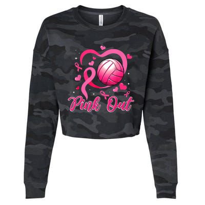 Cute Pink Out Volleyball Breast Cancer Awareness Pink Ribbon Cropped Pullover Crew