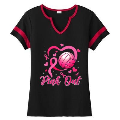 Cute Pink Out Volleyball Breast Cancer Awareness Pink Ribbon Ladies Halftime Notch Neck Tee