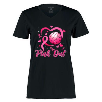 Cute Pink Out Volleyball Breast Cancer Awareness Pink Ribbon Women's Momentum V-Neck T-Shirt