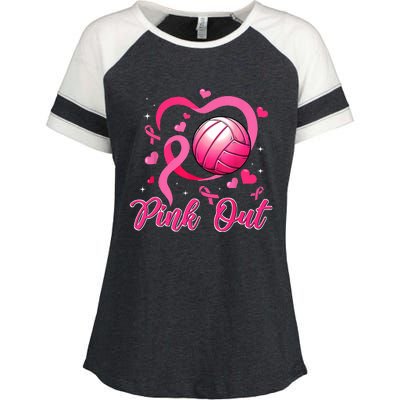 Cute Pink Out Volleyball Breast Cancer Awareness Pink Ribbon Enza Ladies Jersey Colorblock Tee