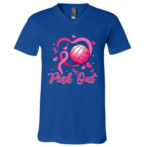 Cute Pink Out Volleyball Breast Cancer Awareness Pink Ribbon V-Neck T-Shirt