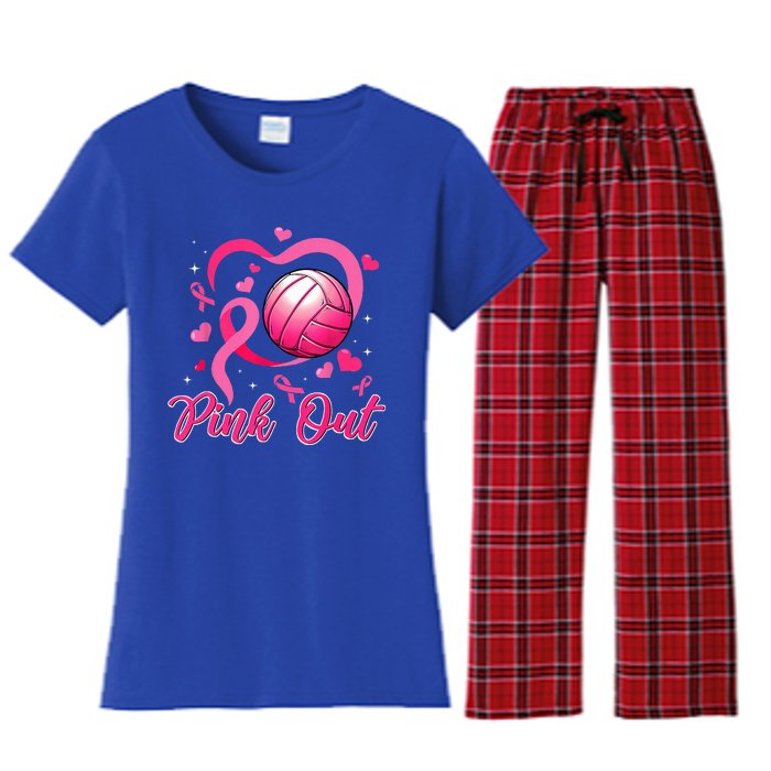 Cute Pink Out Volleyball Breast Cancer Awareness Pink Ribbon Women's Flannel Pajama Set