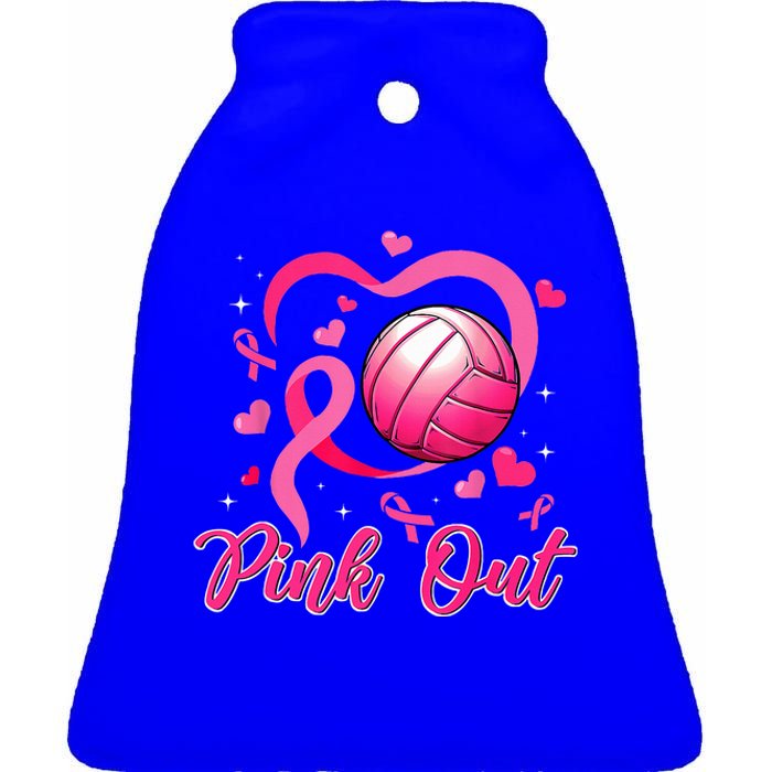 Cute Pink Out Volleyball Breast Cancer Awareness Pink Ribbon Ceramic Bell Ornament