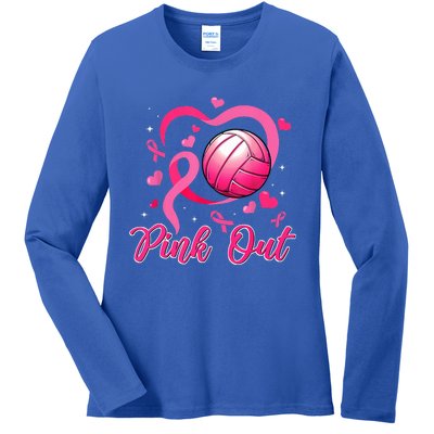 Cute Pink Out Volleyball Breast Cancer Awareness Pink Ribbon Ladies Long Sleeve Shirt