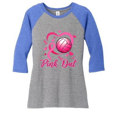 Cute Pink Out Volleyball Breast Cancer Awareness Pink Ribbon Women's Tri-Blend 3/4-Sleeve Raglan Shirt