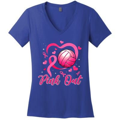 Cute Pink Out Volleyball Breast Cancer Awareness Pink Ribbon Women's V-Neck T-Shirt