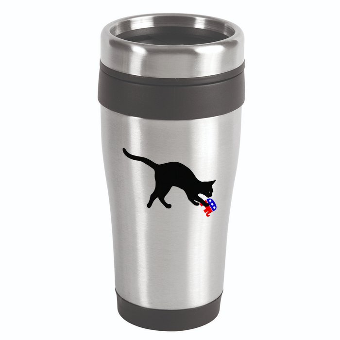 Cat Pouncing On Gop Elephant Cat Knocking Over Gop Elephant 16oz Travel Tumbler