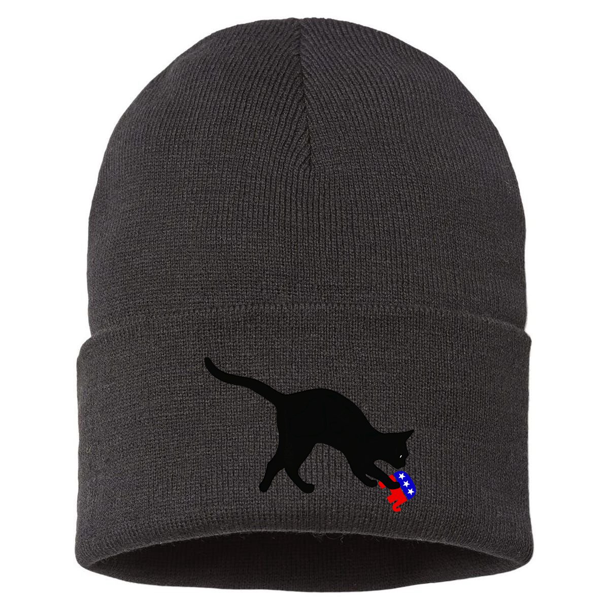 Cat Pouncing On Gop Elephant Cat Knocking Over Gop Elephant Sustainable Knit Beanie