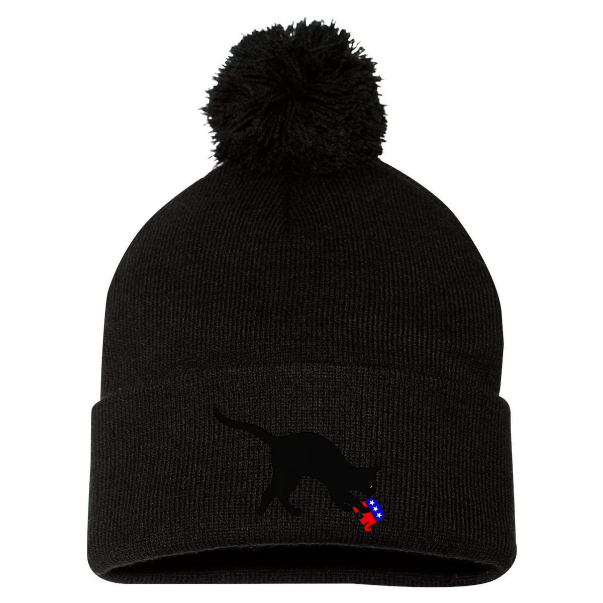 Cat Pouncing On Gop Elephant Cat Knocking Over Gop Elephant Pom Pom 12in Knit Beanie
