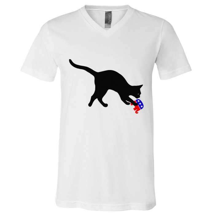 Cat Pouncing On Gop Elephant Cat Knocking Over Gop Elephant V-Neck T-Shirt
