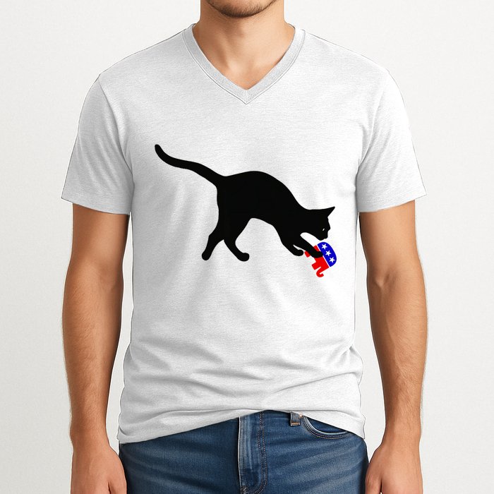 Cat Pouncing On Gop Elephant Cat Knocking Over Gop Elephant V-Neck T-Shirt