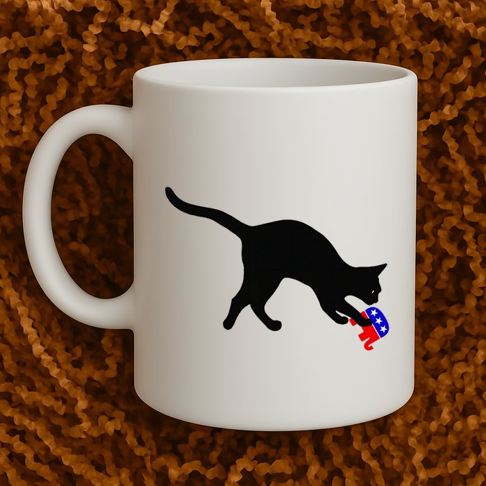 Cat Pouncing On Gop Elephant Cat Knocking Over Gop Elephant Mug