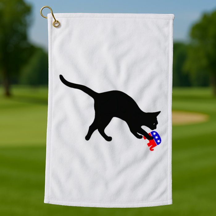 Cat Pouncing On Gop Elephant Cat Knocking Over Gop Elephant Golf Towel
