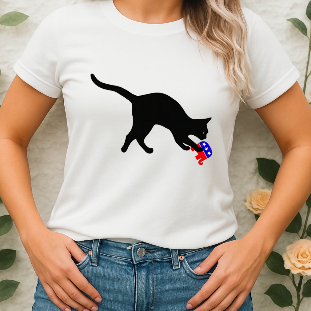 Cat Pouncing On Gop Elephant Cat Knocking Over Gop Elephant Womens T-Shirt