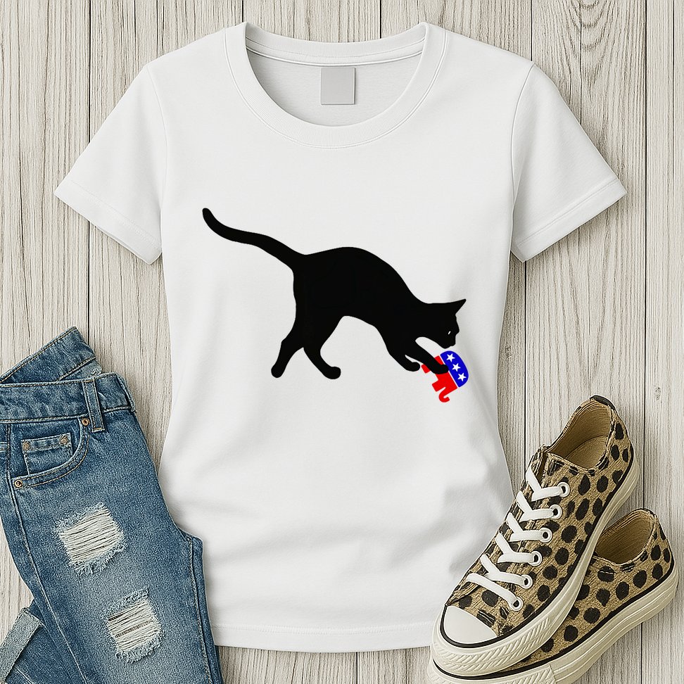 Cat Pouncing On Gop Elephant Cat Knocking Over Gop Elephant Womens T-Shirt