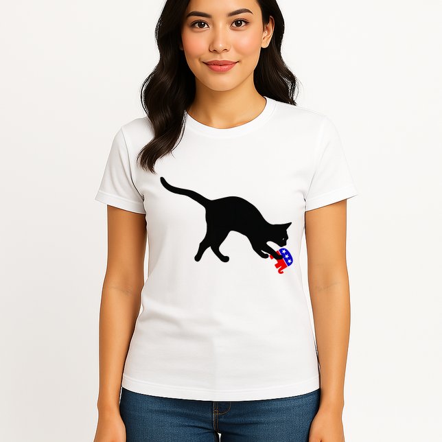 Cat Pouncing On Gop Elephant Cat Knocking Over Gop Elephant Womens T-Shirt