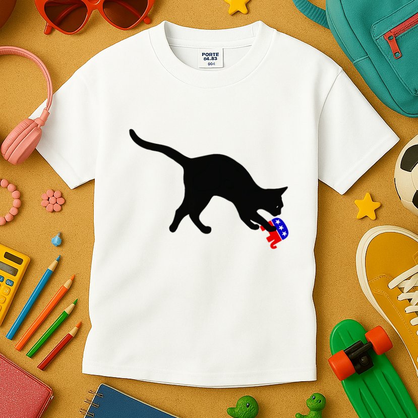 Cat Pouncing On Gop Elephant Cat Knocking Over Gop Elephant Kids T-Shirt
