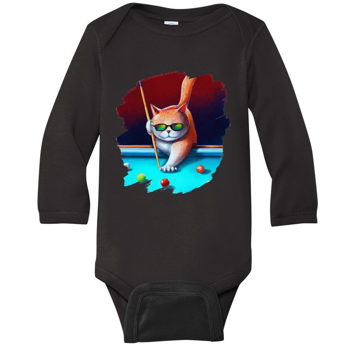 Cat Playing Pool Billiards In Lounge Cool Funny Cats Baby Long Sleeve Bodysuit