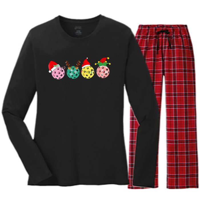 Christmas Pickleball Player Xmas Lights Reindeer Elf Women's Long Sleeve Flannel Pajama Set 