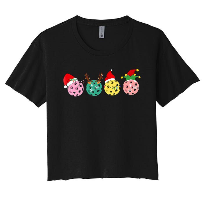 Christmas Pickleball Player Xmas Lights Reindeer Elf Women's Crop Top Tee