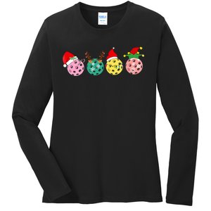 Christmas Pickleball Player Xmas Lights Reindeer Elf Ladies Long Sleeve Shirt