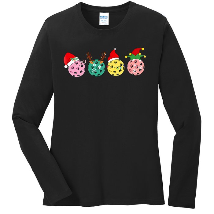 Christmas Pickleball Player Xmas Lights Reindeer Elf Ladies Long Sleeve Shirt