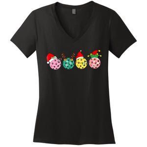 Christmas Pickleball Player Xmas Lights Reindeer Elf Women's V-Neck T-Shirt