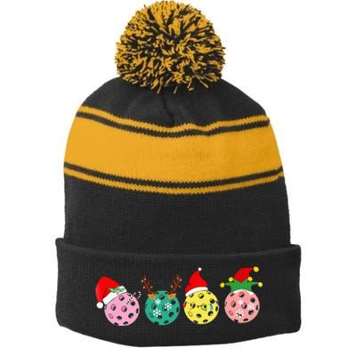 Christmas Pickleball Player Xmas Lights Reindeer Elf Women Stripe Pom Pom Beanie