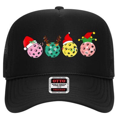 Christmas Pickleball Player Xmas Lights Reindeer Elf Women High Crown Mesh Back Trucker Hat