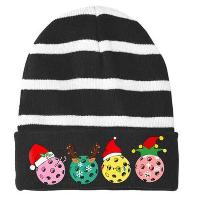 Christmas Pickleball Player Xmas Lights Reindeer Elf Women Striped Beanie with Solid Band