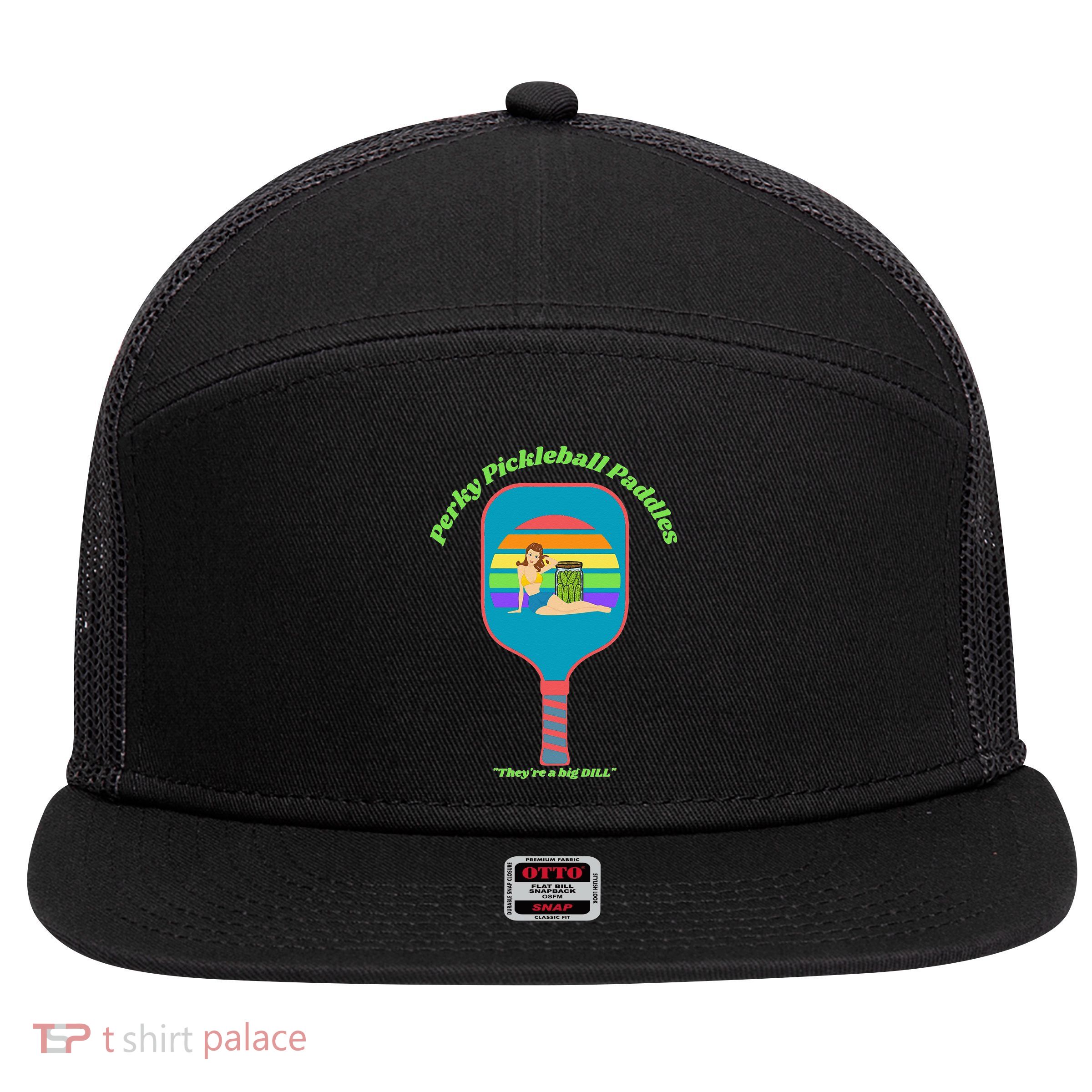Cute Perky Pickleball Paddle with PinUp 7 Panel Mesh Trucker Snapback Hat