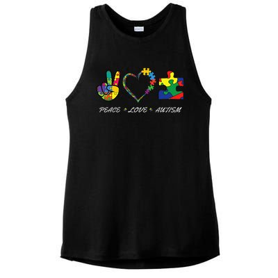 Colorful Puzzle Pieces Autism Awareness Peace Autism Love Ladies PosiCharge Tri-Blend Wicking Tank